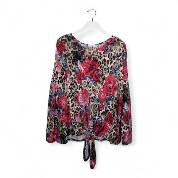EASEL los angeles Roses Floral Animal Print Pullover Tie-Front Tunic Top Size M - Picture 1 of 7